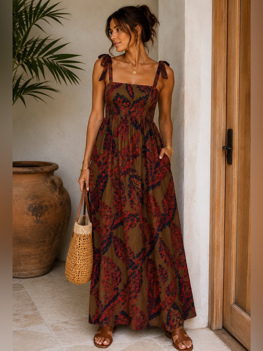 TNS Cotton Tropical Botanical Tie Strap Maxi Dress Brown Rust XS
